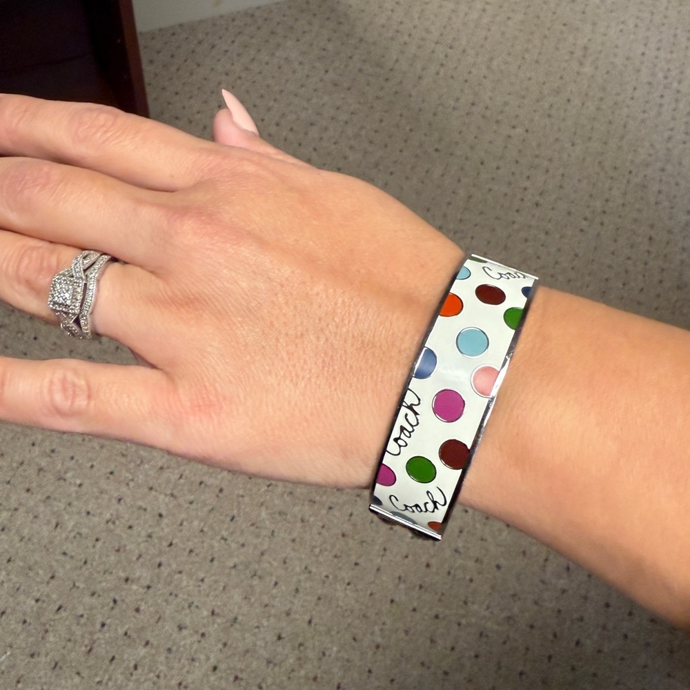 Coach Y2K White Enamel w/Multicolor Polka Dots Silver-Plated Bangle (7.5”D) NWOT - Picture 2 of 6